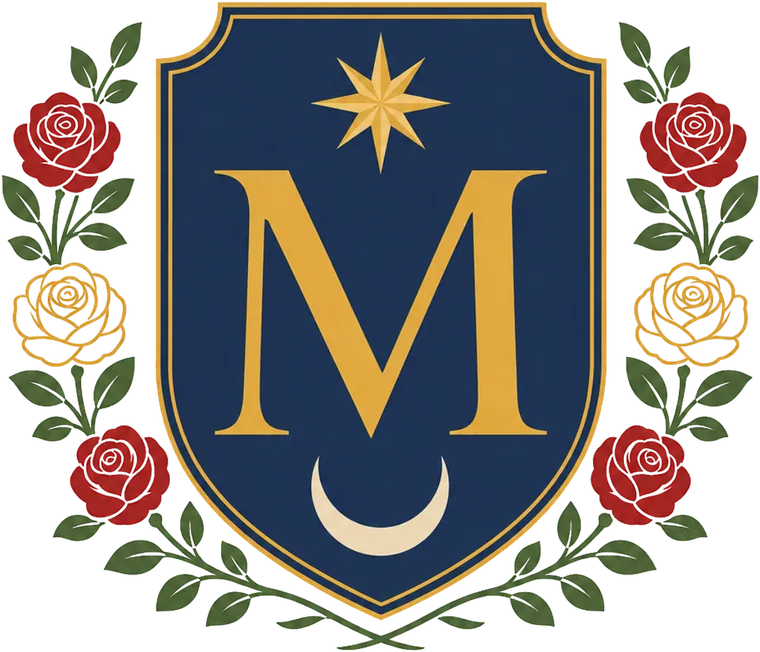 Brasão da Mother Mary: escudo azul com a letra M dourada, uma estrela e uma lua crescente, emoldurado por rosas.
