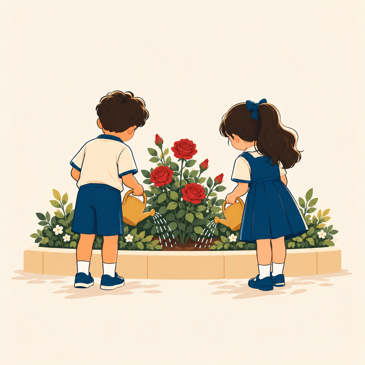 Duas crianças regando um canteiro de rosas vermelhas com regadores dourados