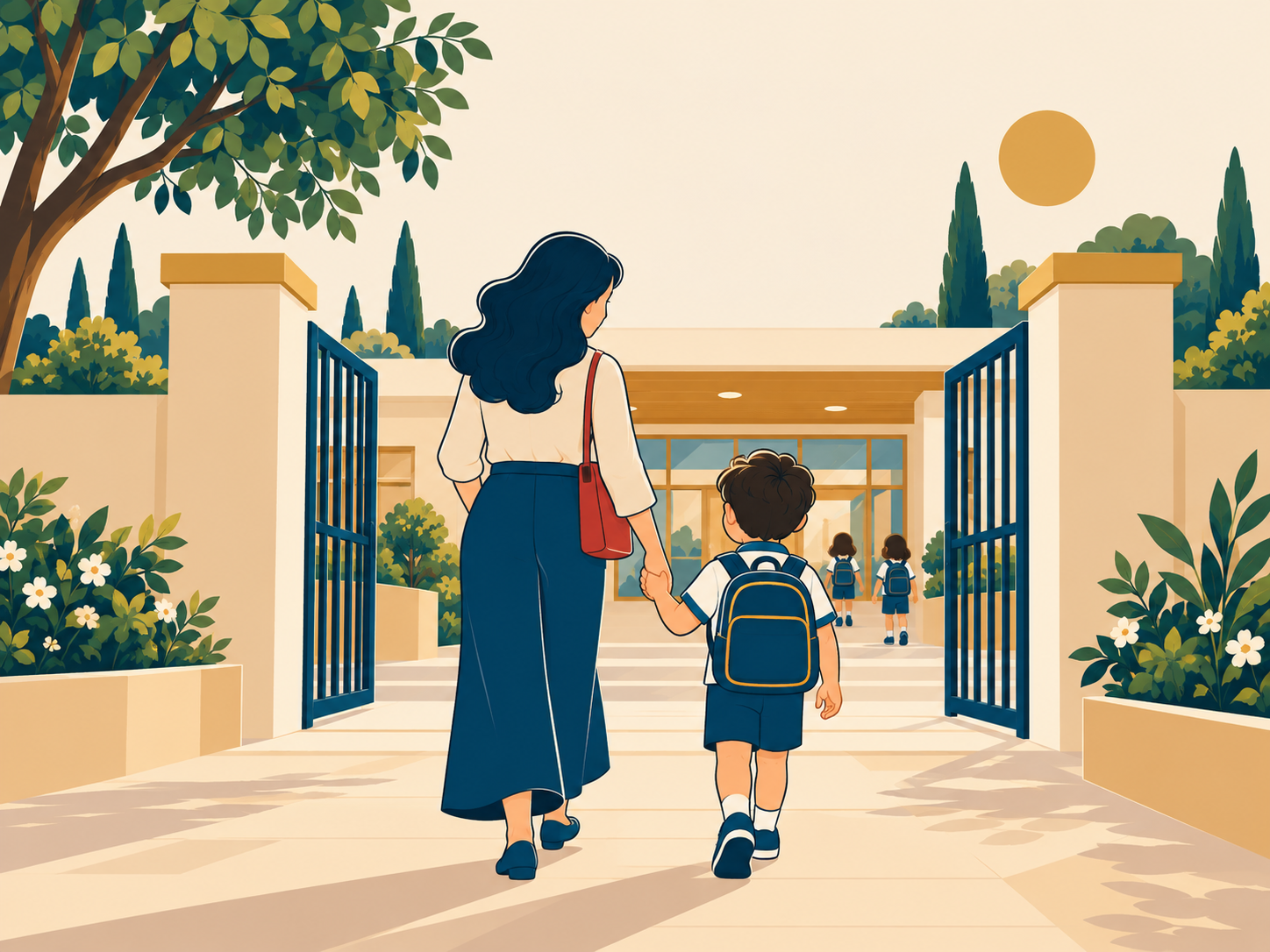 Mãe e filho de mãos dadas entrando pelo portão da escola
