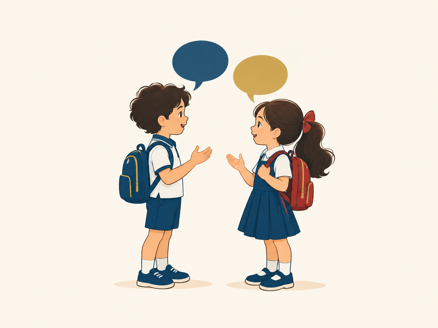 Duas crianças de uniforme conversando, com um balão de fala azul e outro dourado
